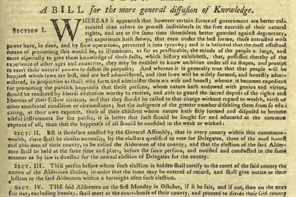 The printed text of Jefferson's 1779 Bill for the More General Diffusion of Knowledge, opening with Whereas it appeareth that however certain forms of government