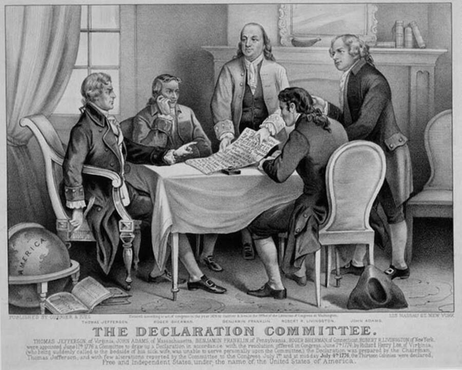 The Declaration Committee lithograph by Currier and Ives showing Jefferson Adams Franklin Sherman and Livingston at a table