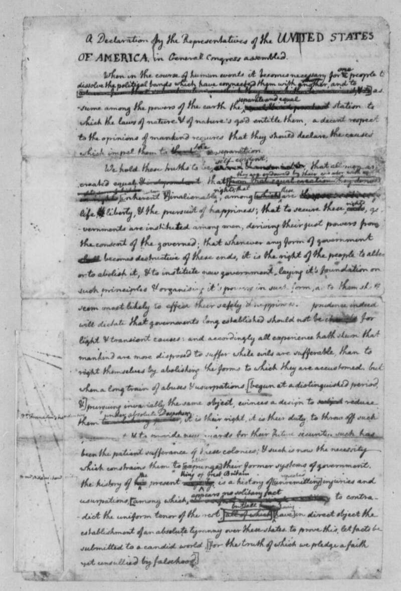 Jefferson rough draft page 1 showing the preamble with corrections including the change from sacred and undeniable to self-evident in a different hand