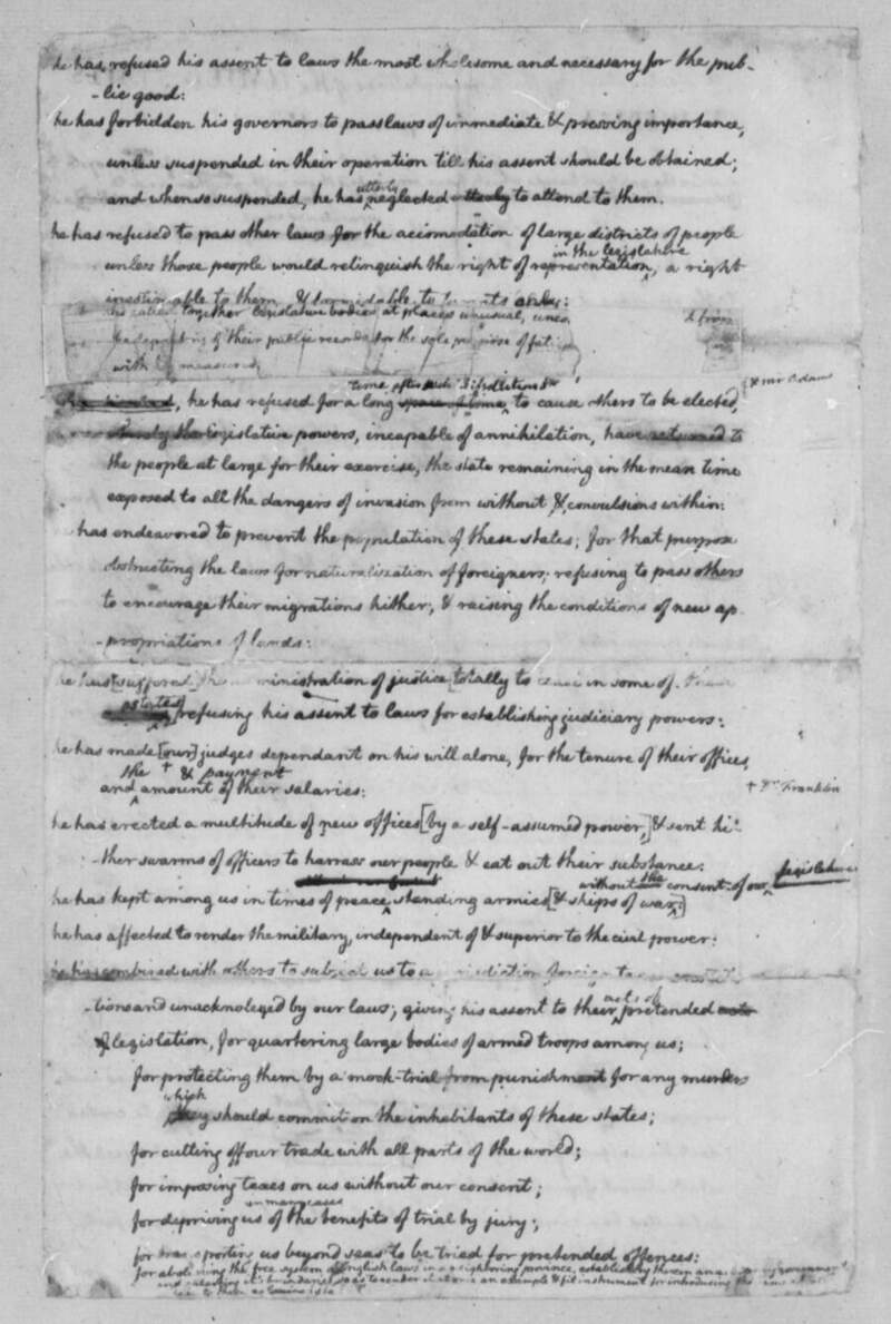Jefferson rough draft page 2 showing the grievances with interlinear additions and margin notation B. Franklin marking his edits