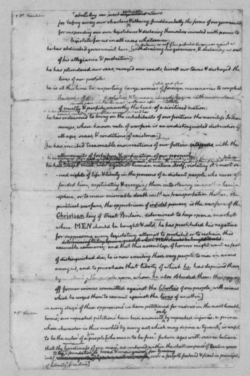 Jefferson rough draft page 3 showing the slave trade passage in brackets struck through by Congress before adoption