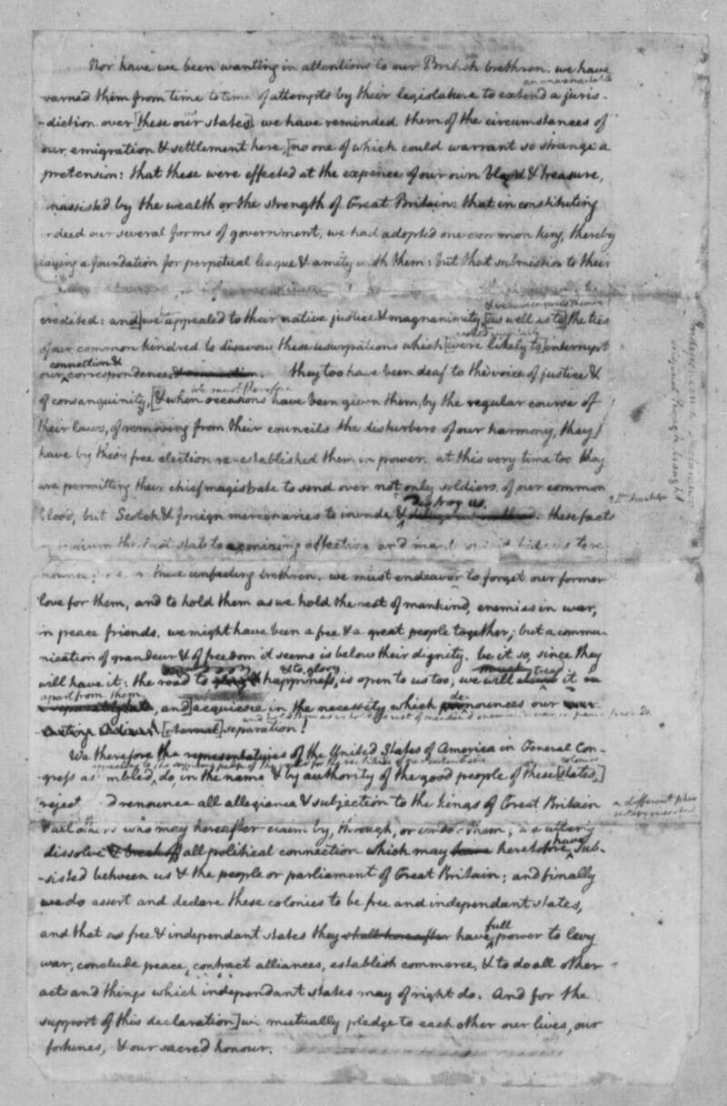 Jefferson rough draft page 4 showing the British brethren passage and the original conclusion with reject and renounce struck and rewritten