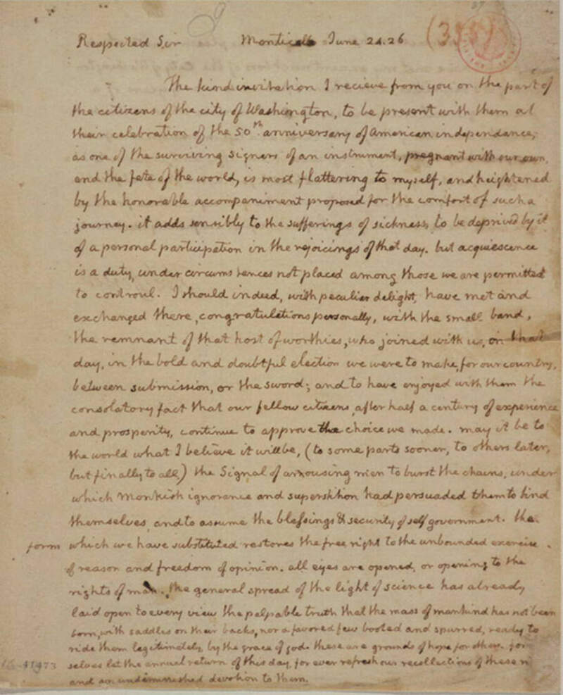 Jefferson last letter to Roger C. Weightman June 24 1826 handwritten from Monticello declining the 50th anniversary invitation