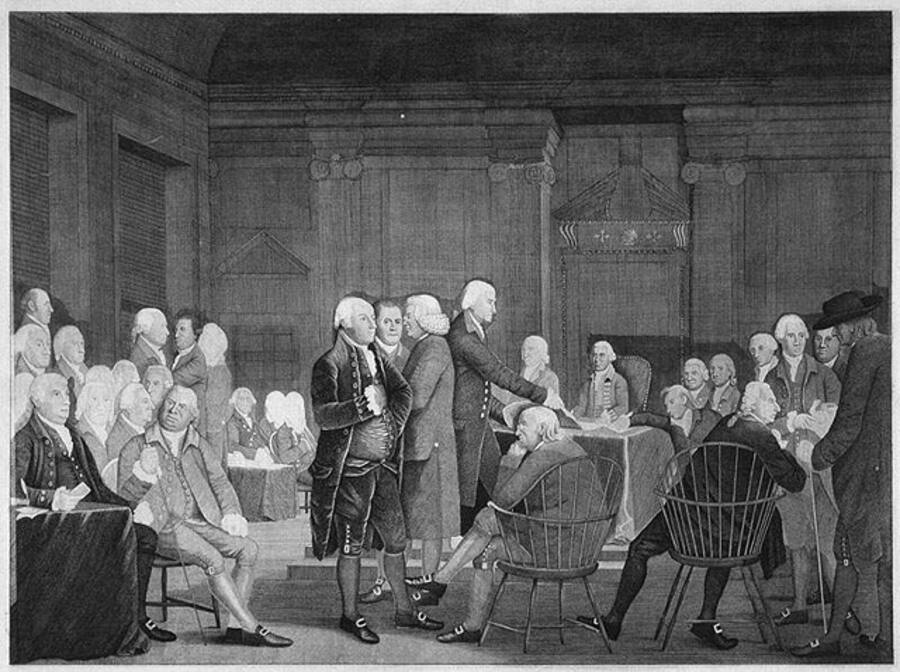 Continental Congress voting scene showing delegates gathered in the chamber for the independence vote July 1776