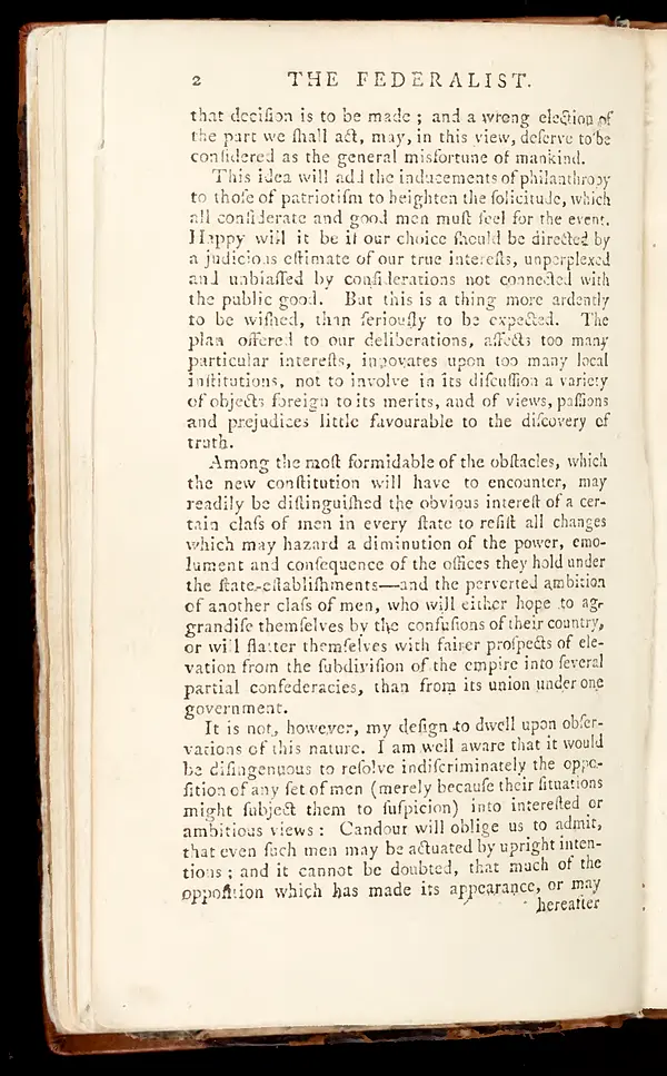 Page 18 of The Federalist, 1788 McLean Edition -- the reflection and choice passage in Hamilton's original printed text.