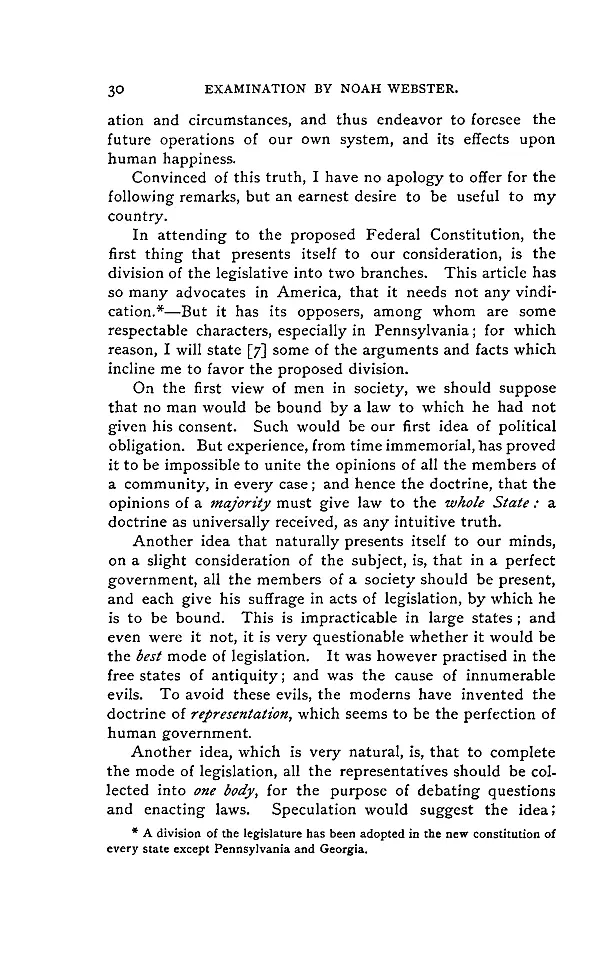 Opening text of Noah Webster's Examination, page 30, as reprinted in Ford's Pamphlets on the Constitution, 1888. The heading reads EXAMINATION BY NOAH WEBSTER.